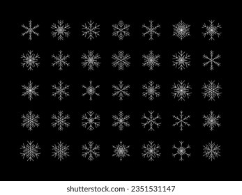 Vector set of different snowflakes icons on black background