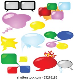 Vector set of different speech and thought bubbles, with some showing emotion of the person speaking or thinking