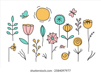 Vector set with different Spring or Summer abstract Flowers. Hand drawn background with blooming plants, sun, ladybug, butterfly for web, print, paper, card, sign. Design card for seasons and holidays
