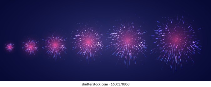 vector set of different stages of a firework explosion on a dark purple background