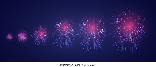 vector set of different stages of a firework explosion on a dark purple background