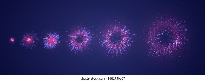 vector set of different stages of a firework explosion on a dark purple background