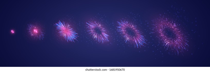 vector set of different stages of a firework explosion on a dark purple background