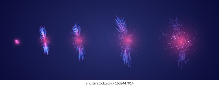 vector set of different stages of a firework explosion on a dark purple background