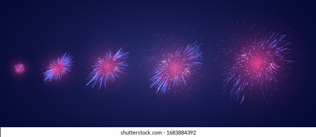 vector set of different stages of a firework explosion on a dark purple background