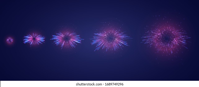 vector set of different stages of a firework explosion on a dark purple background