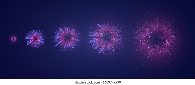 vector set of different stages of a firework explosion on a dark purple background