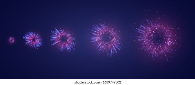 vector set of different stages of a firework explosion on a dark purple background