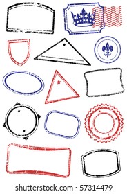 Vector set of different stamps. All objects and details are isolated and grouped. Stamps have a transparent background. They can overlap. Colors are easy to customize.