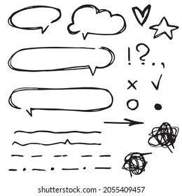 Vector set of different stars, hearts, arrows, clouds, signs and symbols. Hand drawn, doodle elements isolated on white background. Vector stock illustration. You can use it for your sketchbook