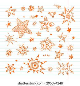 Vector set of different Stars. Stars on notebook page hand drawn doodles