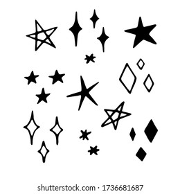 Vector set of different stars and sparkles. Hand drawn, doodle elements isolated on white background