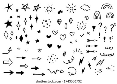Vector set of different stars, sparkles, arrows, hearts, diamonds, signs and symbols. Hand drawn, doodle elements isolated on white background - Shutterstock ID 1743536732