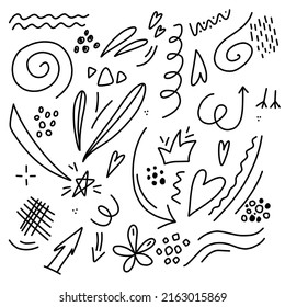 Vector set of different stars, sparkles, arrows, hearts, diamonds, signs and symbols. Hand drawn, doodle elements isolated on white background