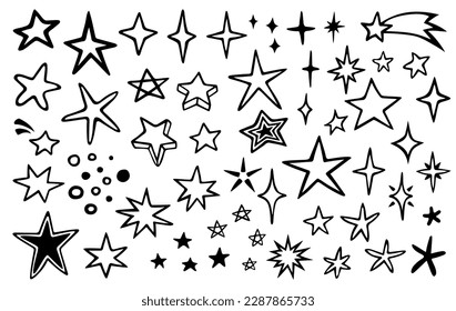 Vector set of different stars and sparkles. Hand drawn, doodle elements isolated on white background.