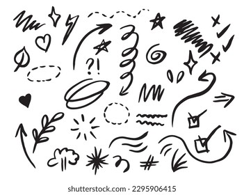 Vector set of different stars, sparkles, arrows, hearts, signs and symbols. Hand drawn, doodle elements isolated on white background