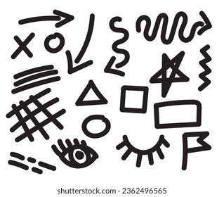 Vector set of different stars symbols. Hand drawn, doodle elements isolated on white background