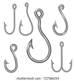 Vector Set of Different Steel Hooks Isolated on White Background.