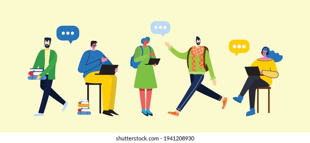Vector set of different students with gadgets and books