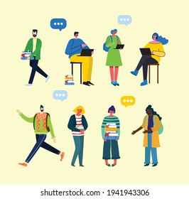Vector set of different students with gadgets and books