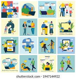 Vector set of different students with gadgets and books