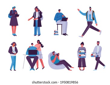 Vector set of different students with gadgets and books