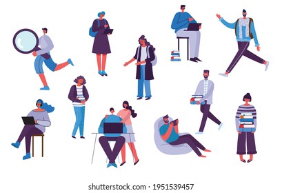 Vector set of different students with gadgets and books