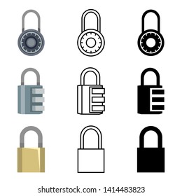 Vector Set of Different Style Padlock Icons. Color Flat, Outline and Silhouette Lock Signs.