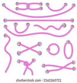 Vector Set Different style Pink Rope out from hole, isolated on white

