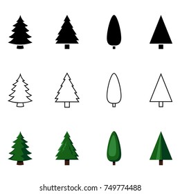 Vector Set of Different Styles Pine Tree Icons - Black Silhouette, Outline and Color Illustrations.