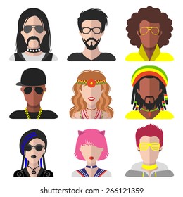 Vector set of different subcultures man and woman app icons in trendy flat style. Goth, raper, hippy, hipster, raver, rocker, rastafarian, anime and disco fan web images.