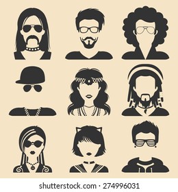 Vector set of different subcultures man and woman app icons in flat style. Goth, raper, hippy, hipster, raver, rocker, rastafarian, anime and disco fan web images