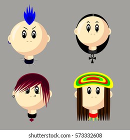 Vector set of different subcultures man icons in trendy flat style. Goth, raper, hippie, and emokid fan web images.