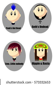 Vector set of different subcultures man icons in trendy flat style. Goth, raper, hippie, and emokid fan web images. Slogans and Motoes