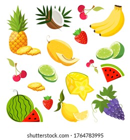 Vector set of different summer fruits. Bananas, watermelon, pineapple, grapes, berries and others. Illustration in flat style.
