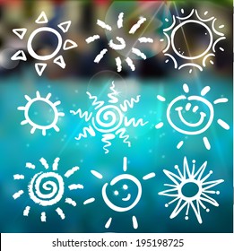 Vector set of different suns isolated, hand drawn illustration