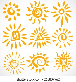Vector set of different suns isolated, hand drawn illustration