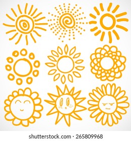 Vector set of different suns isolated, hand drawn illustration