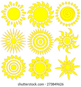 Vector set of different suns isolated, hand drawn illustration