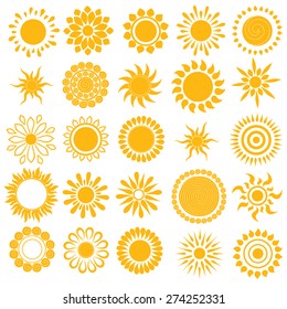 Vector set of different suns isolated, hand drawn illustration