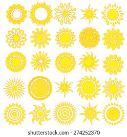 Vector set of different suns isolated, hand drawn illustration