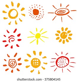 Vector set of different suns isolated, hand drawn illustration
