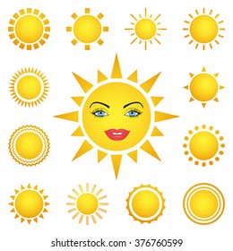 Vector set of different suns isolated on white background. Collection of yellow suns. Hot summer design elements. Sunrise and sunset. Bright nature graphic. Solar system. Sunny weather. Vector