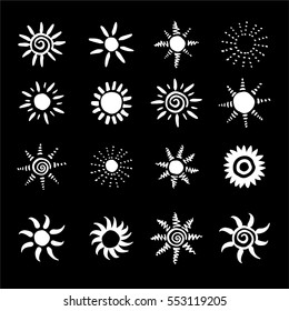 A vector set of different suns isolated, hand drawn illustration; in an ink, grungy style