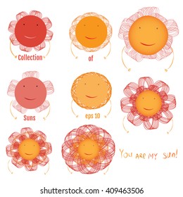 Vector set of different suns on white background.