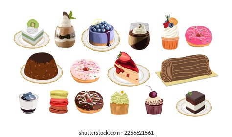 Conjunto vectorial de postres dulces diferentes. Pasteles, trozo de tarta, donuts, macarons, panna cotta, tiramisú, pudding, muffins, galletas y gelatina. Elementos de comida para el menú. Ilustraciones vectoriales aisladas.