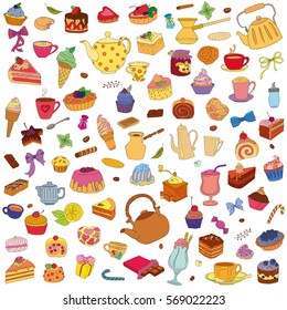 Vector set of different sweets in color. Sweets icon. Sweets logo. 