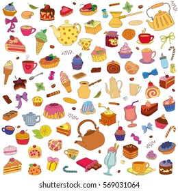 Vector set of different sweets in color. Sweets icon. Sweets logo. 