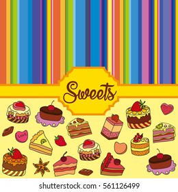 Vector set of different sweets. Colorful background with sweets. Perfect for printing on fabric or paper.