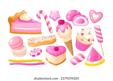 Vector set of different sweets in pink color